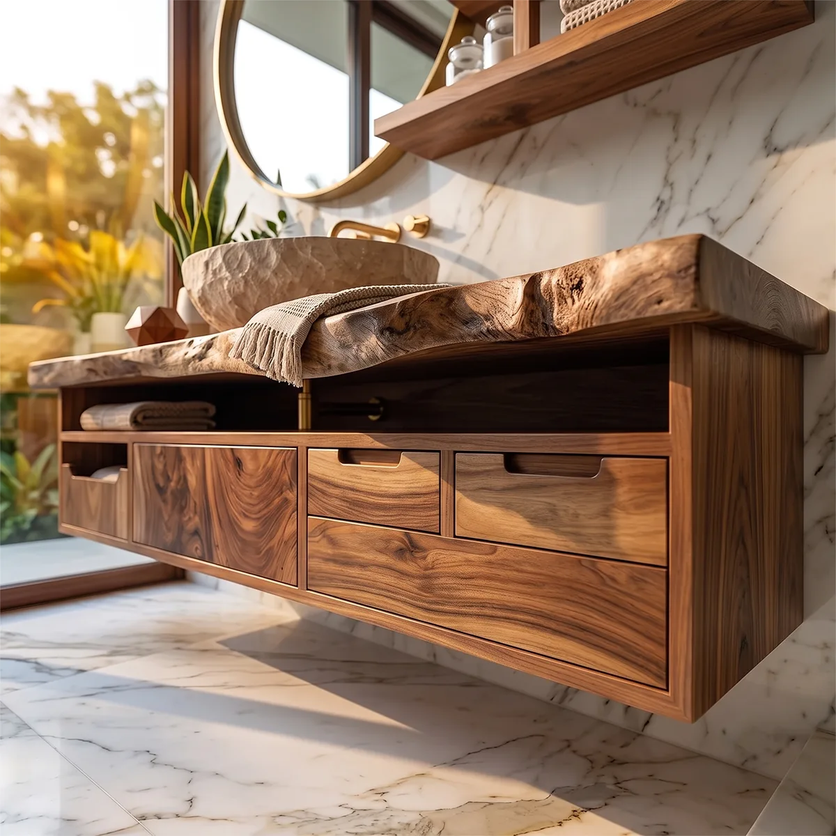 Organic Live Edge Floating Bathroom Vanity with Open Storage & Multi-Drawer Cabinet TH003-3OXF9BY