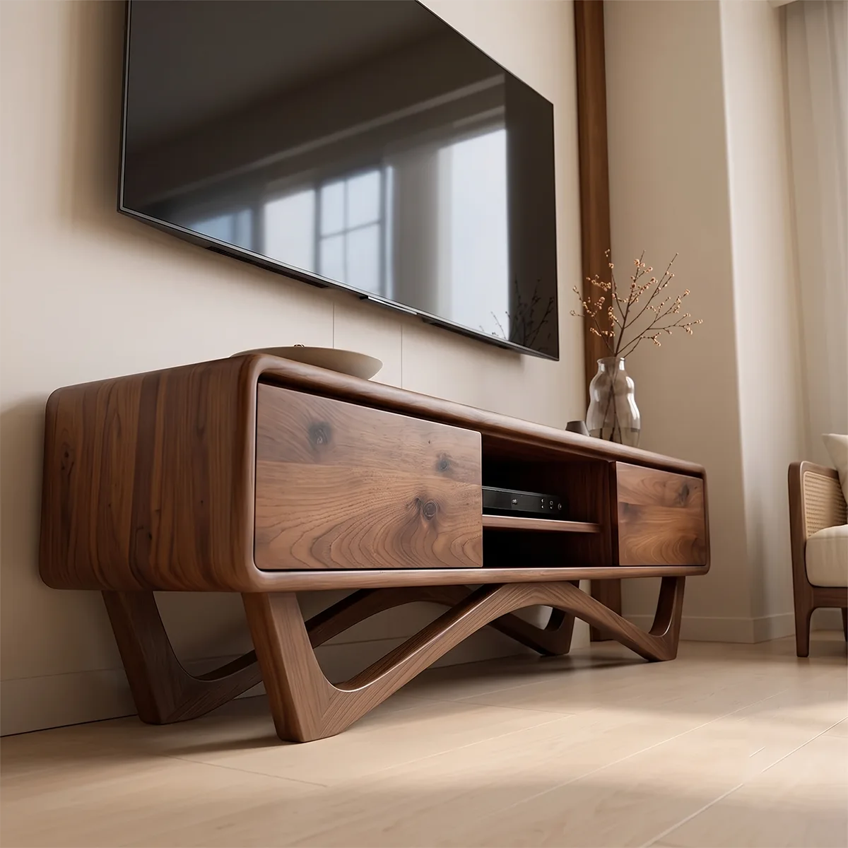 Modern TV Stand with 2 Cabinets & Open Shelves | Sculptural Media Console