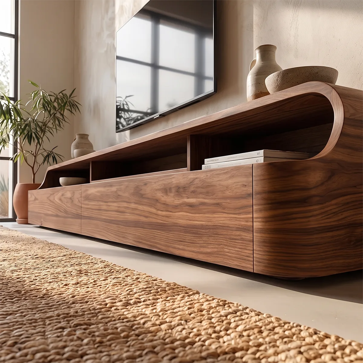 Modern Low Profile TV Stand with 2 Drawers & Open Media Shelves