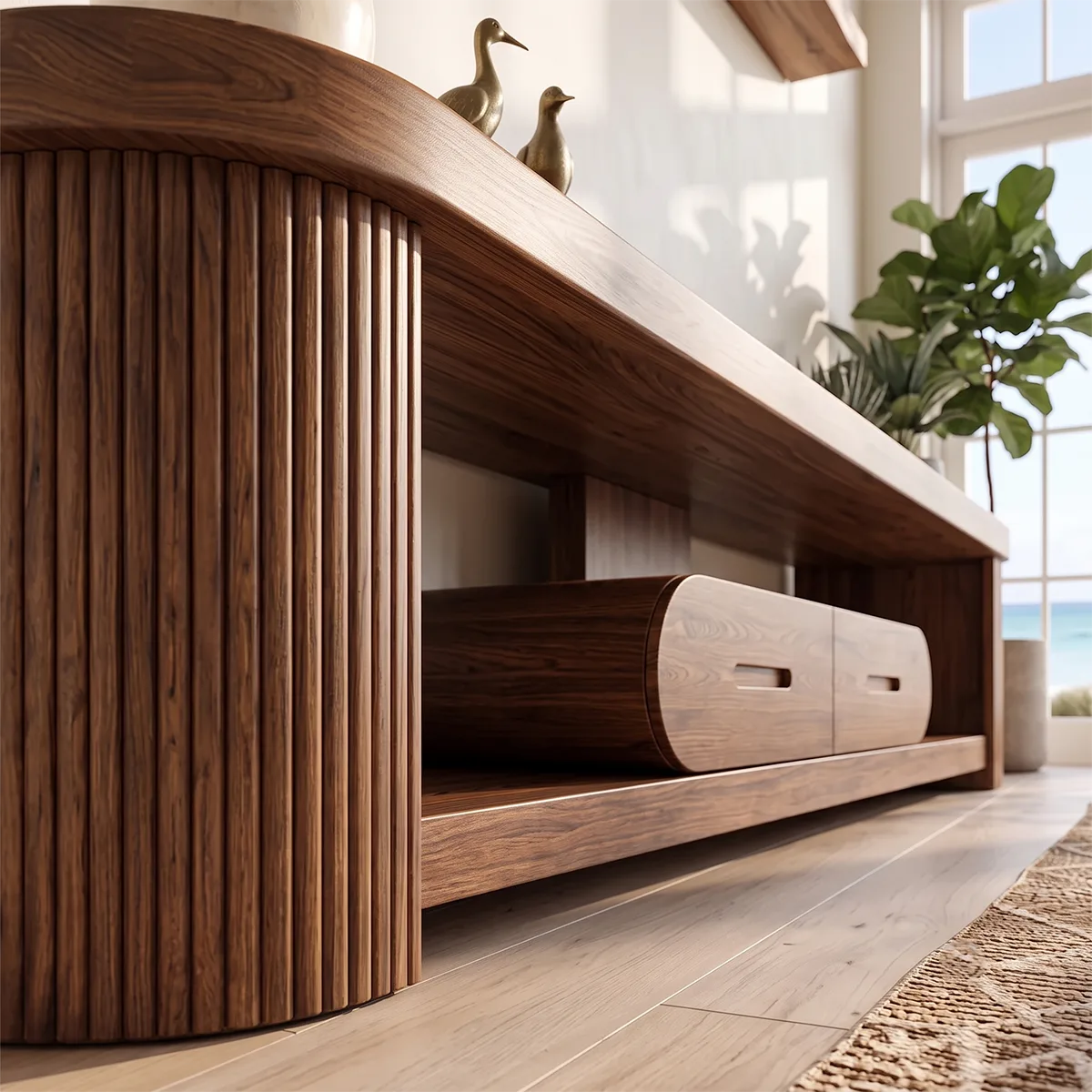 Modern Fluted TV Stand with 2 Drawers & Open Storage | Sculptural Low Profile Media Console