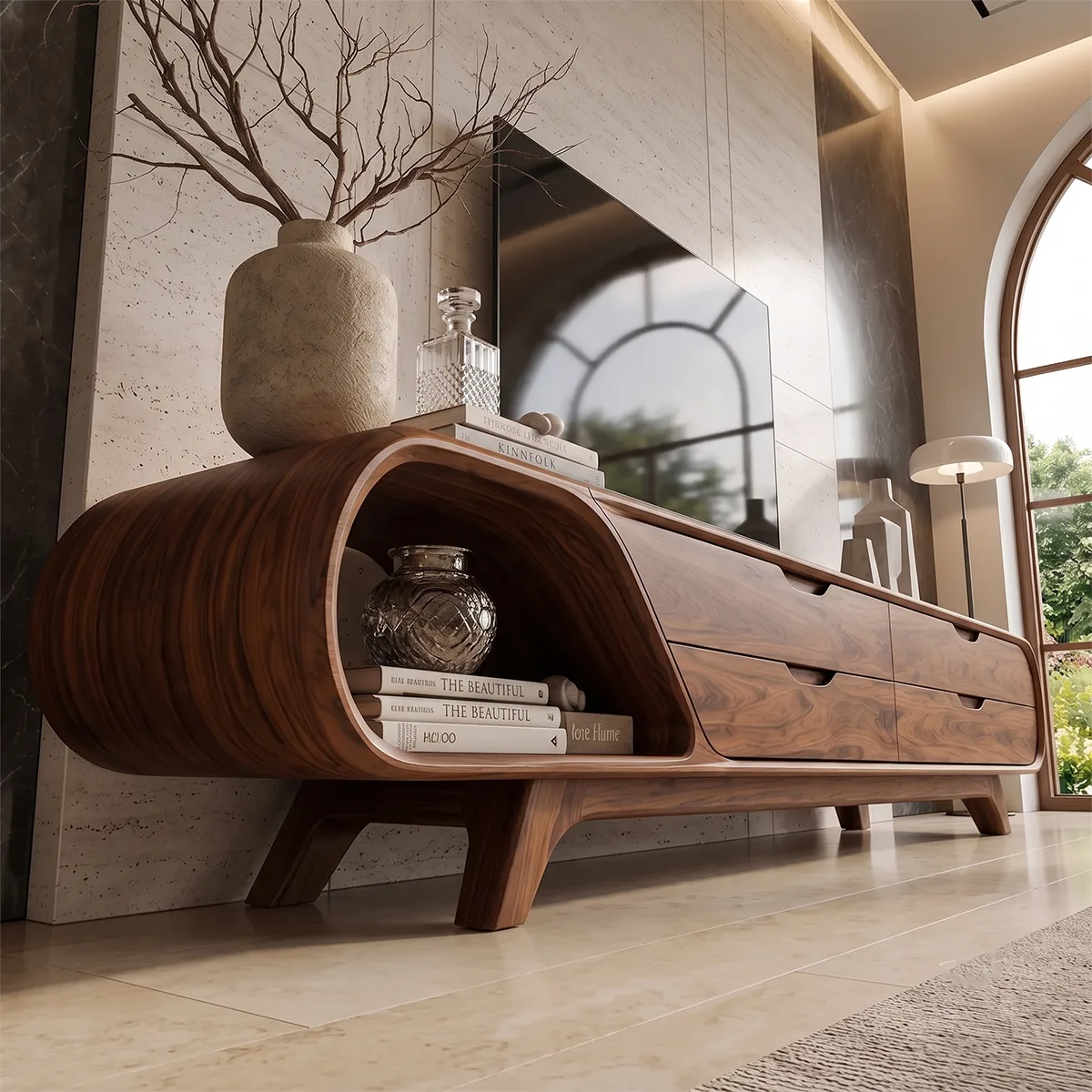 Modern Curved TV Stand with 4 Drawers & Open Shelf | Sculptural Low Profile Media Console