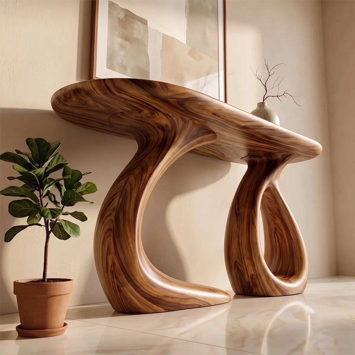 Organic Sculptural Console Table | Modern Entryway Table with Dual Curved Pedestal Base TH003-8955