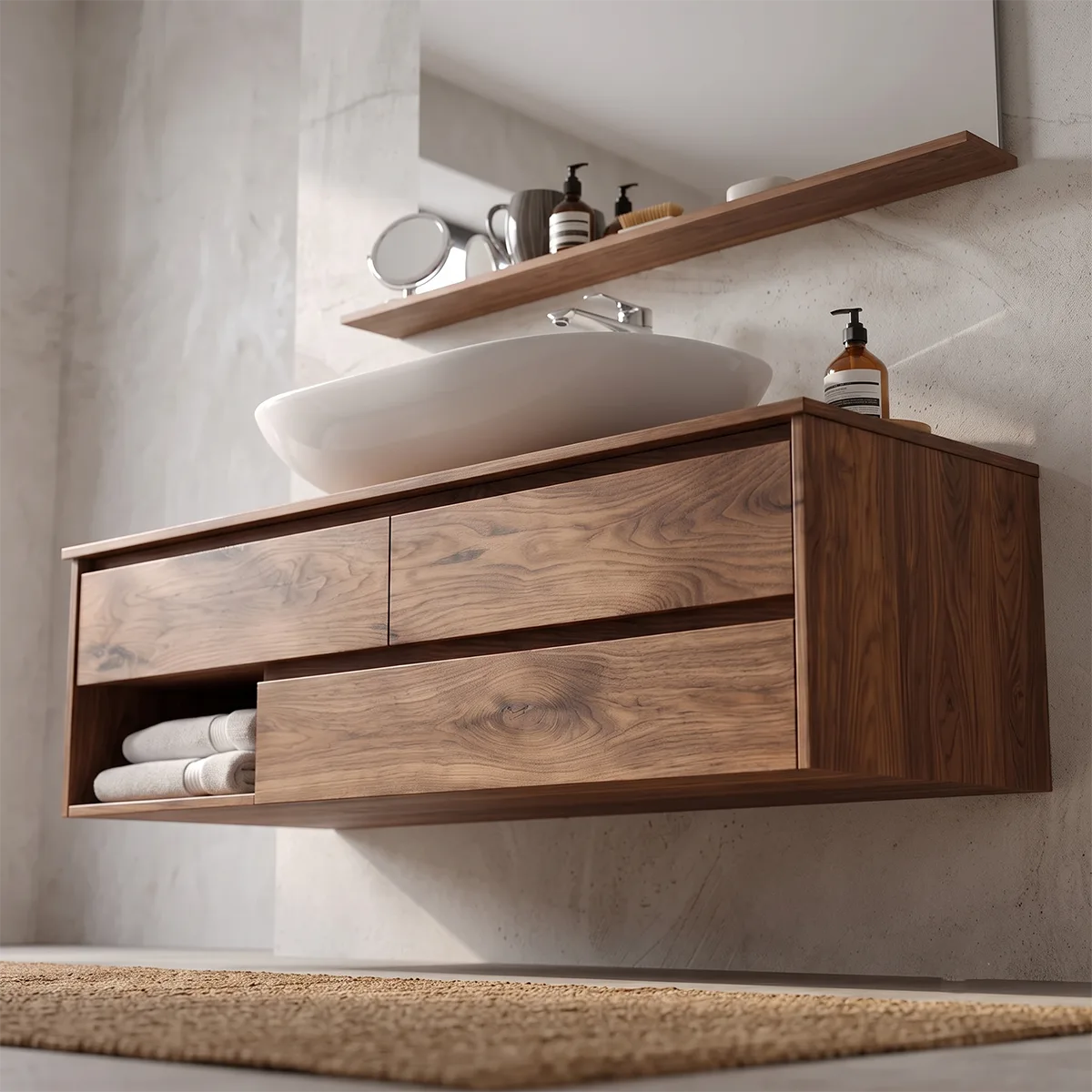 Modern Floating Bathroom Vanity with 3 Drawers & Open Storage Shelf