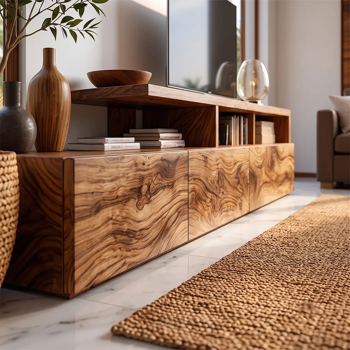 Modern TV Stand with 3 Drawers & Open Shelves | Organic Media Console TH003-4VZY8SF