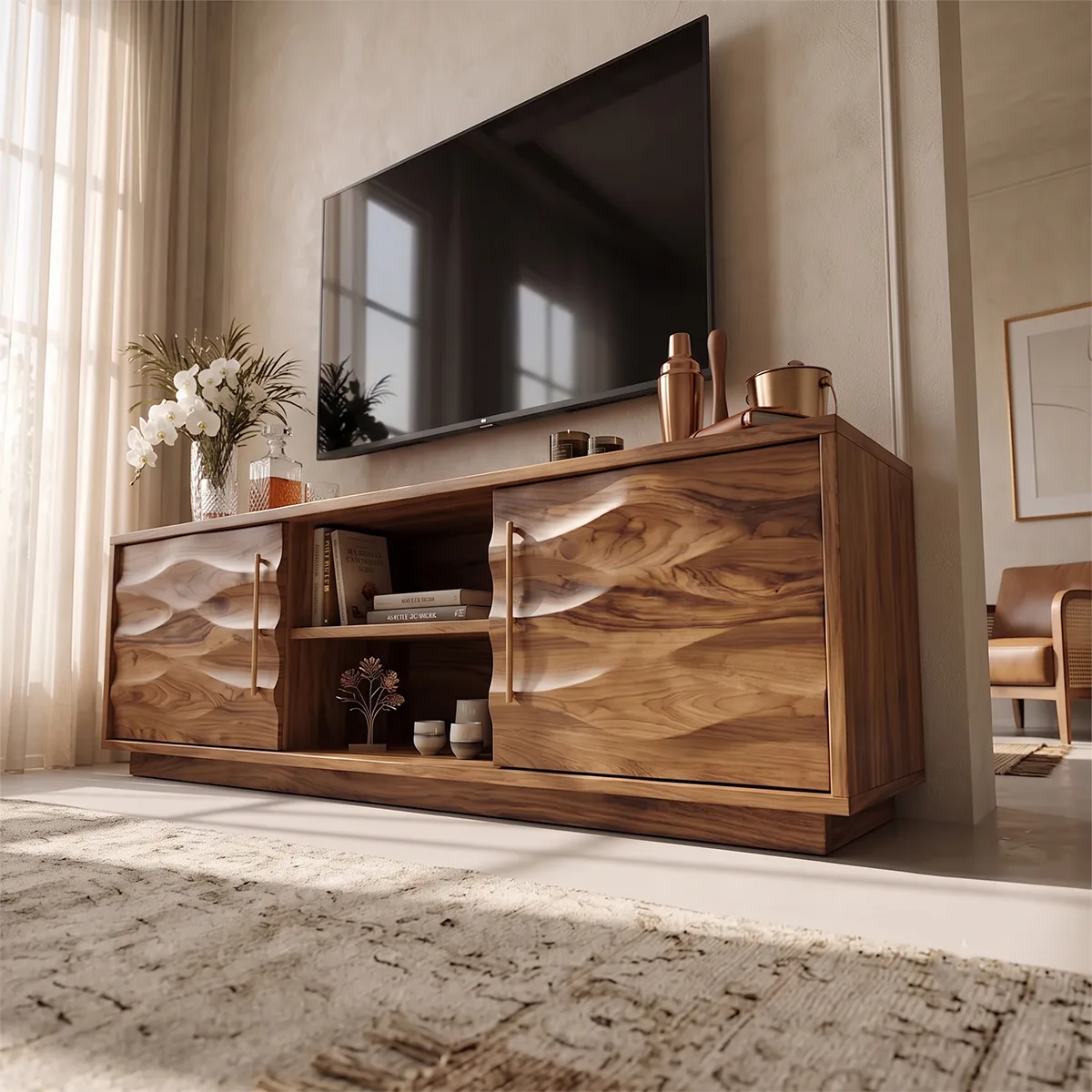 Wave Carved TV Stand with 2 Cabinets & Open Shelves | Media Console TH003-6UCU1VC