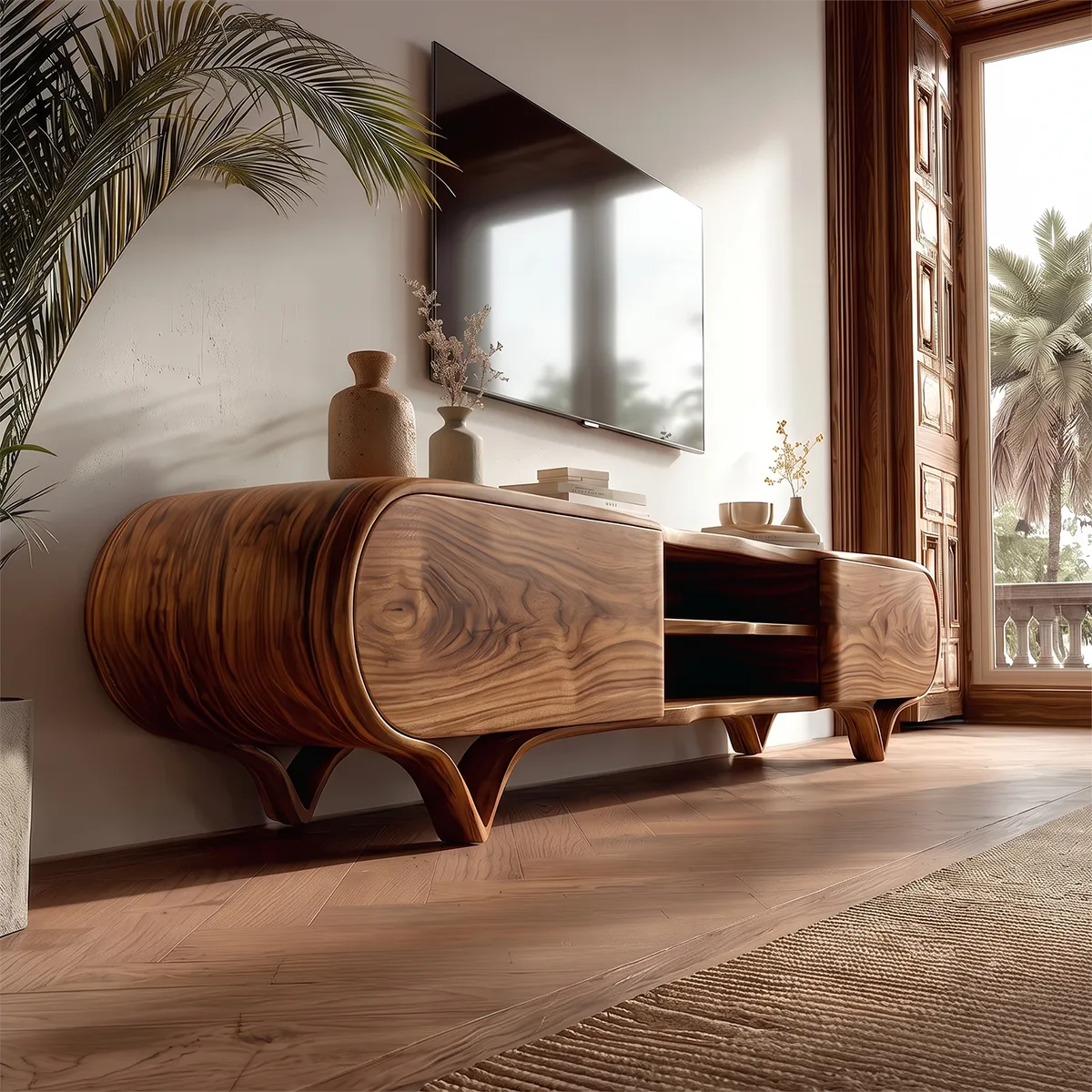 Curved 2-Door TV Stand with Open Shelves | Sculptural Modern Media Console