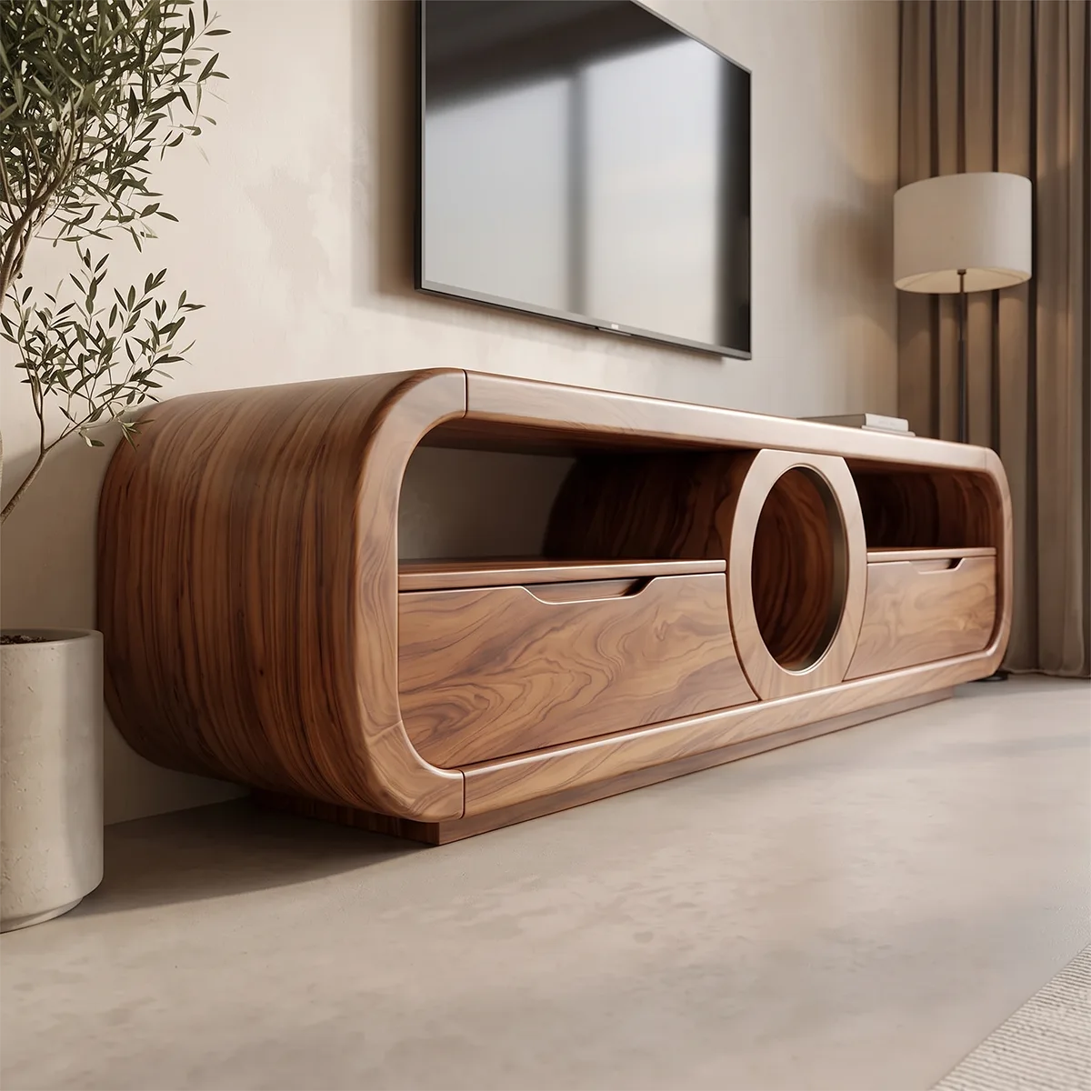 Modern TV Stand with Circular Shelf & Drawers | Sculptural Media Console TH003-7HDN2FQ