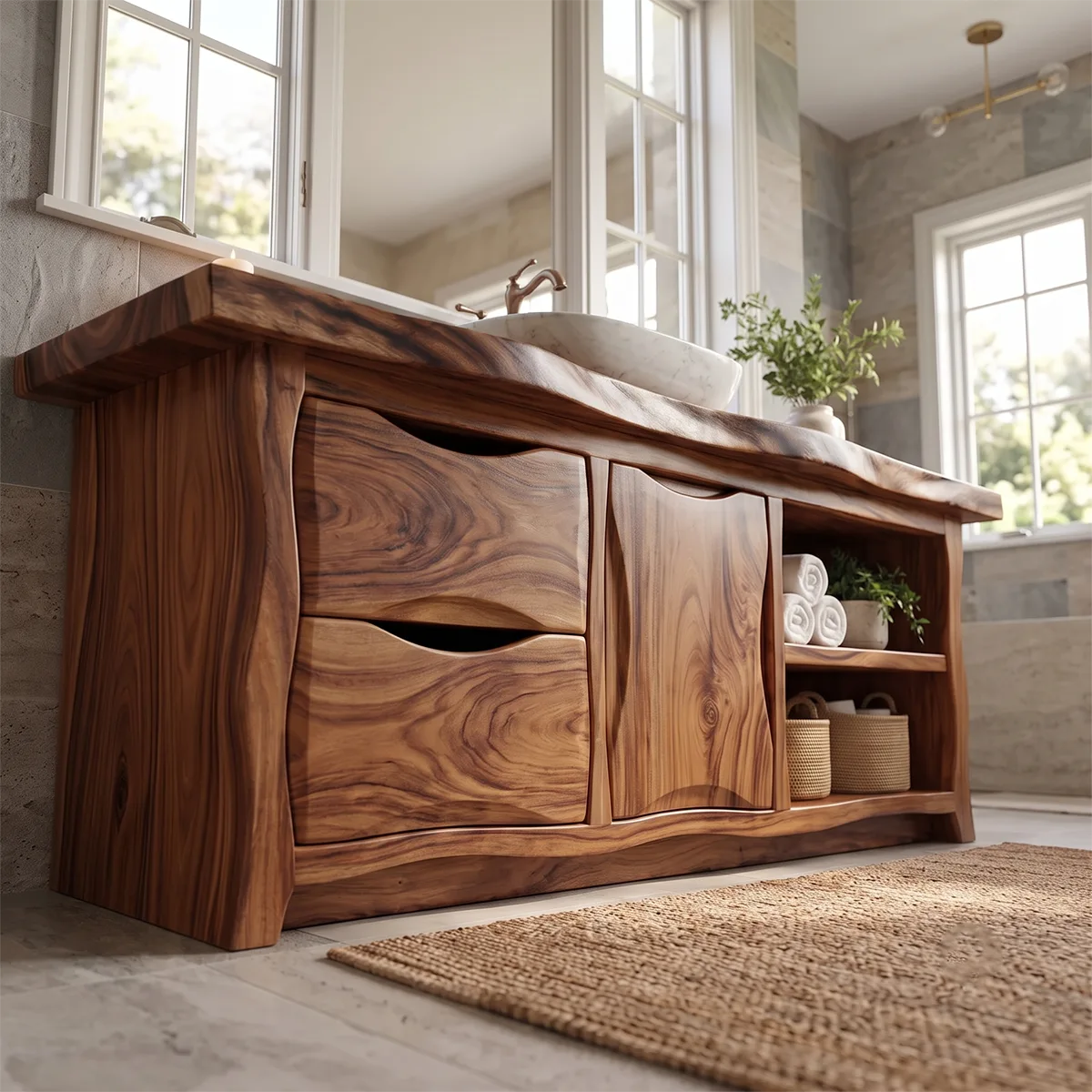 Live Edge Bathroom Vanity with Drawers, Cabinet & Open Shelves | Freestanding Rustic Modern Vanity