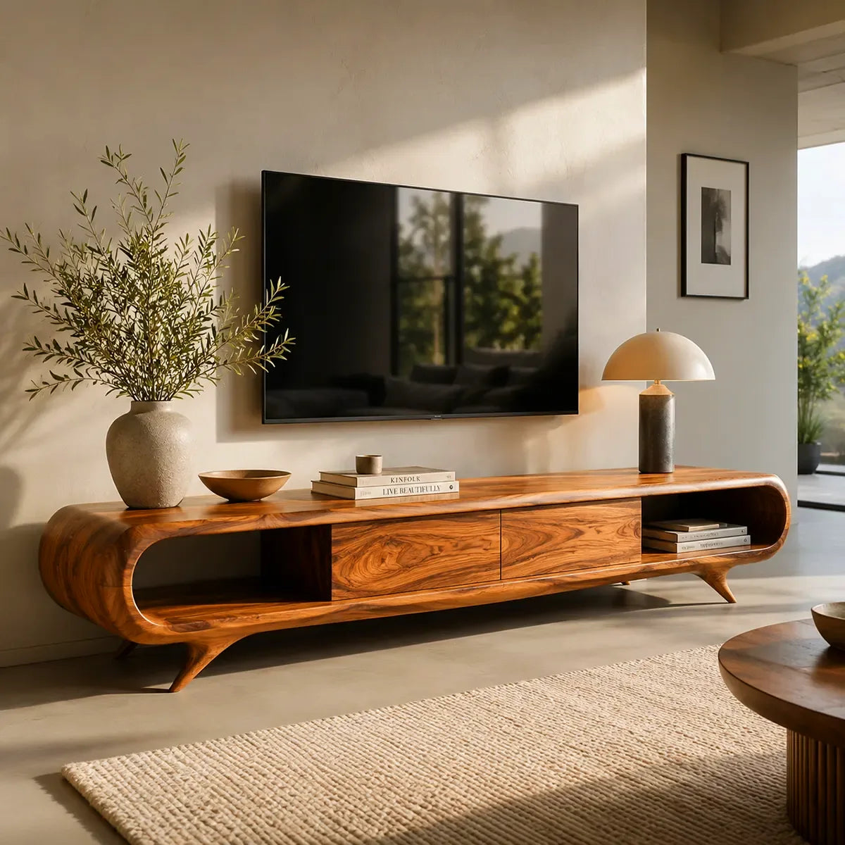 Sculptural Curved TV Stand with Open Shelves & Concealed Storage | Modern Low Profile Media Console