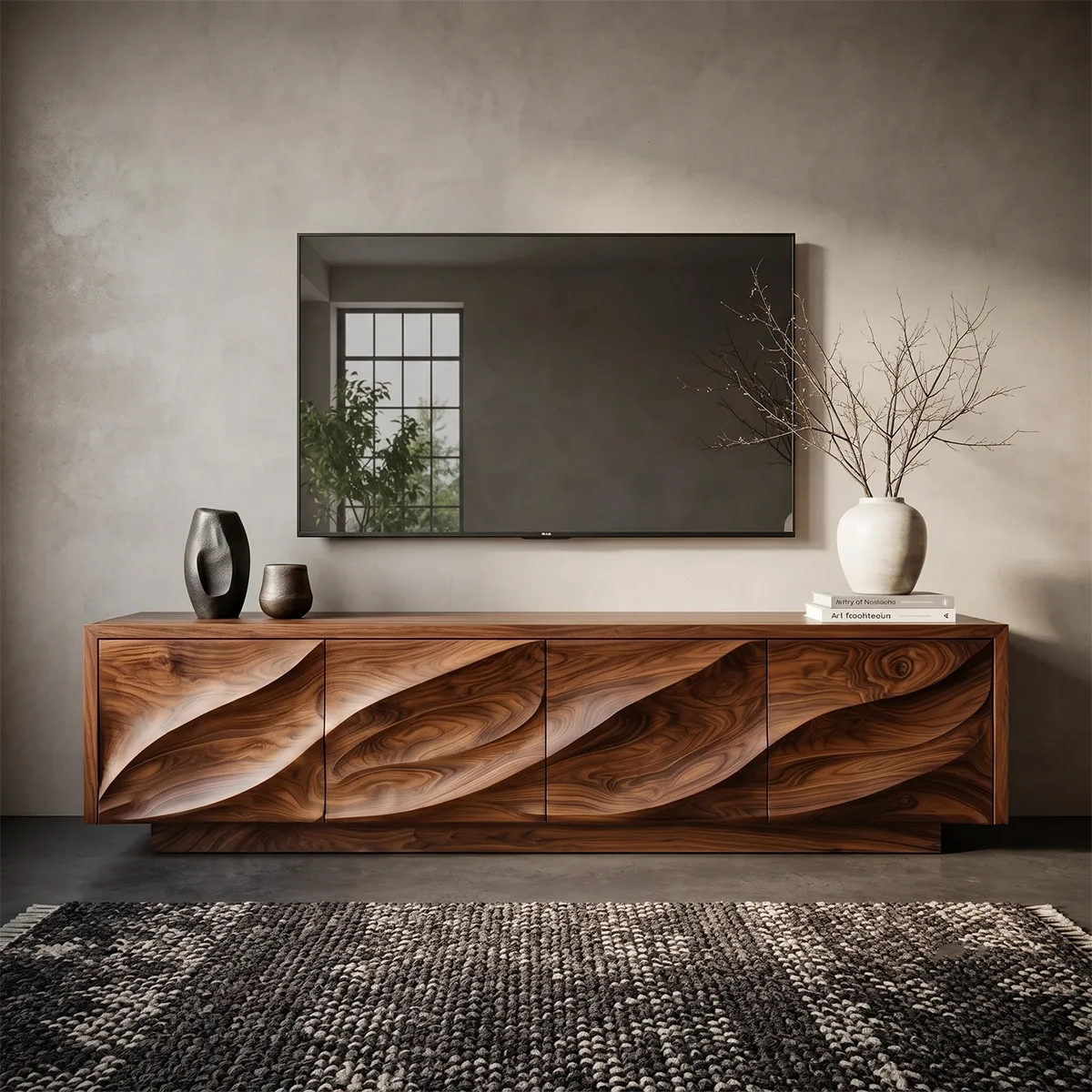 Modern Organic TV Stand with Sculpted Cabinets | Media Console TT006-9MXD1HU