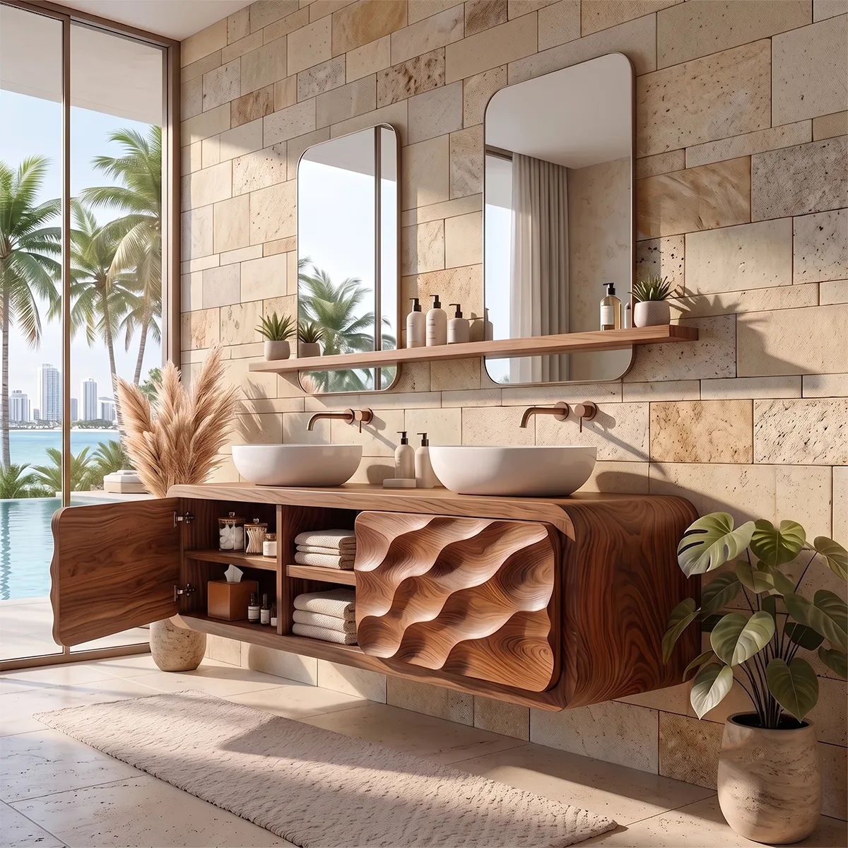 Modern Floating Bathroom Vanity with Wave Carved Doors & Center Open Shelves TH003-3UED6AZ