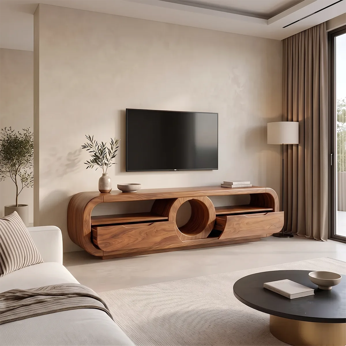 Modern TV Stand with Circular Shelf & Drawers | Sculptural Media Console TH003-7HDN2FQ