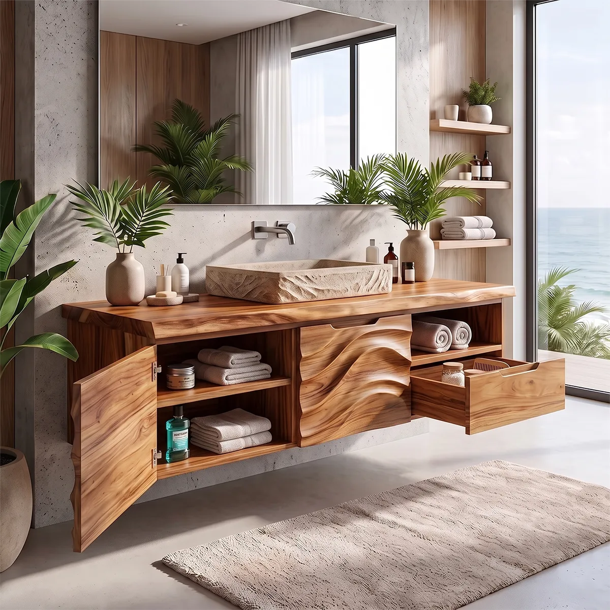 Modern Floating Bathroom Vanity with Double-Door Cabinet, Open Shelf & Drawer TH003-2JXN8GE