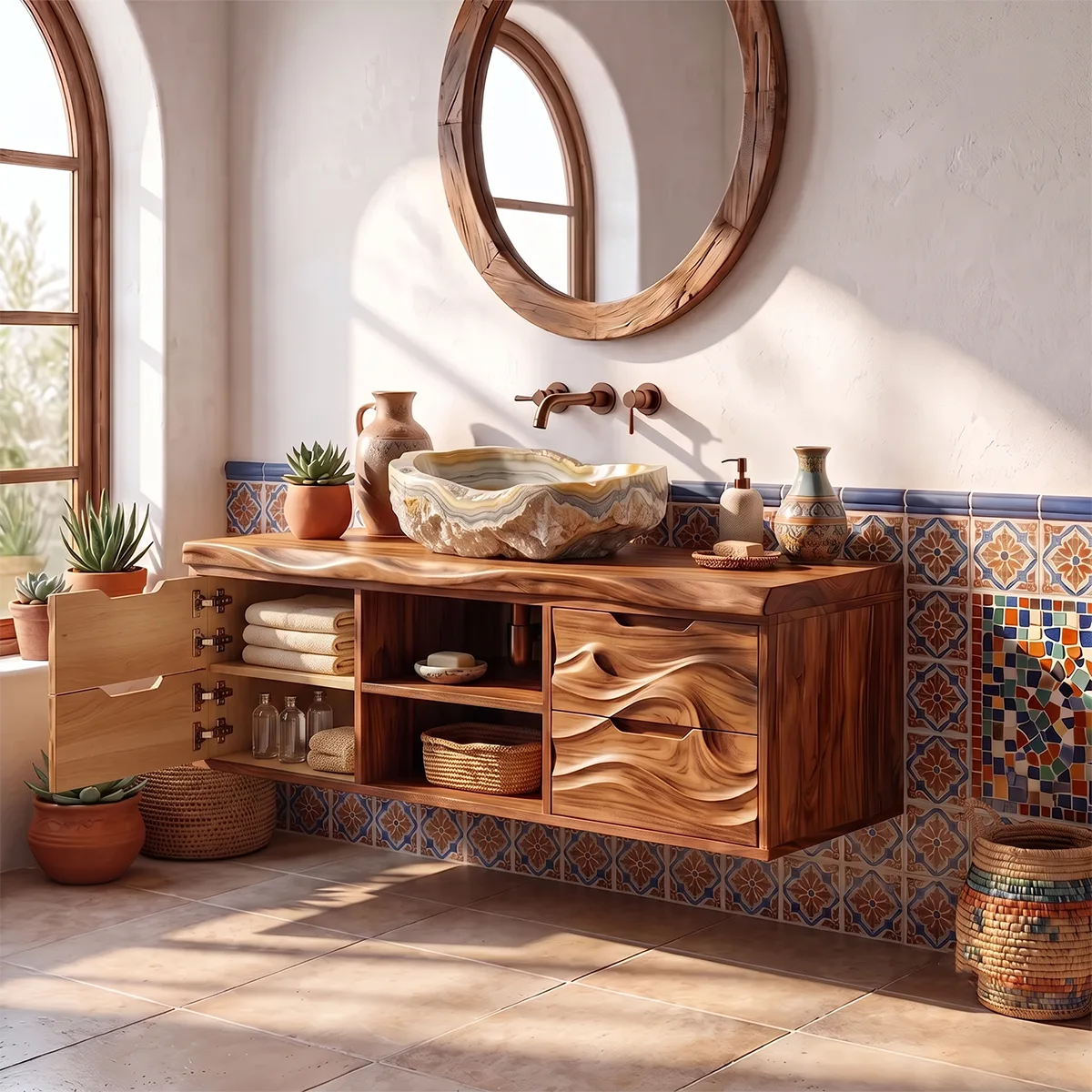 Organic Floating Bathroom Vanity with Cabinets, Open Shelves & Sculpted Wave Front TH003-7IJS3HC