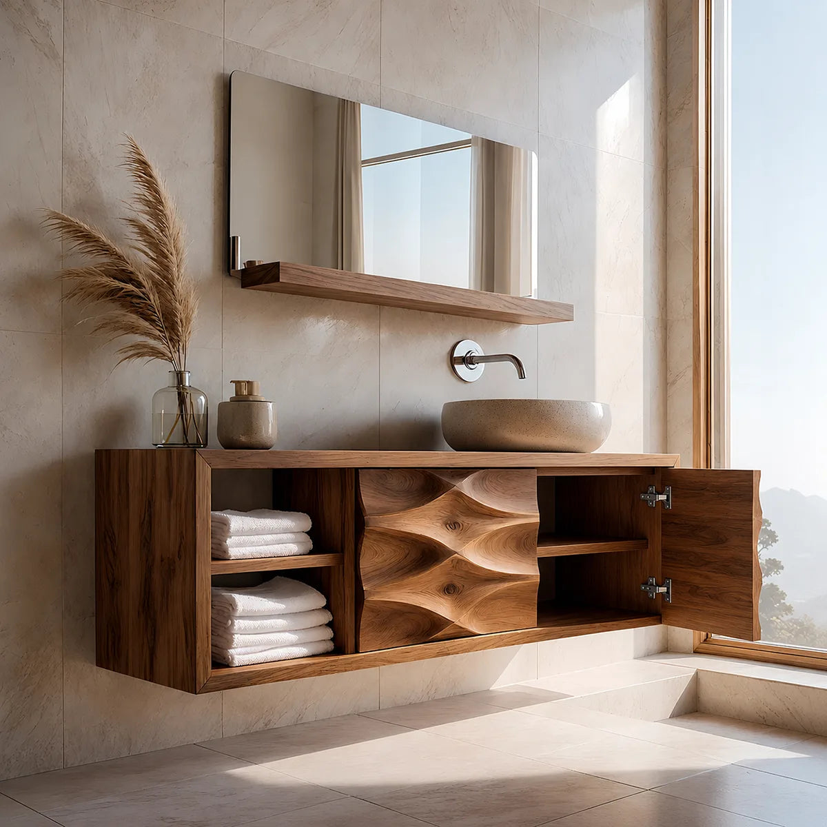 Modern Floating Bathroom Vanity with Sculpted Wave Doors | Wall-Mounted Vanity Cabinet TH003-6TQY1HS