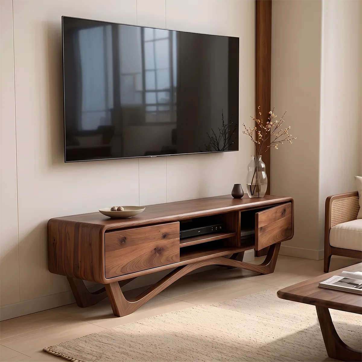 Modern TV Stand with 2 Cabinets & Open Shelves | Sculptural Media Console