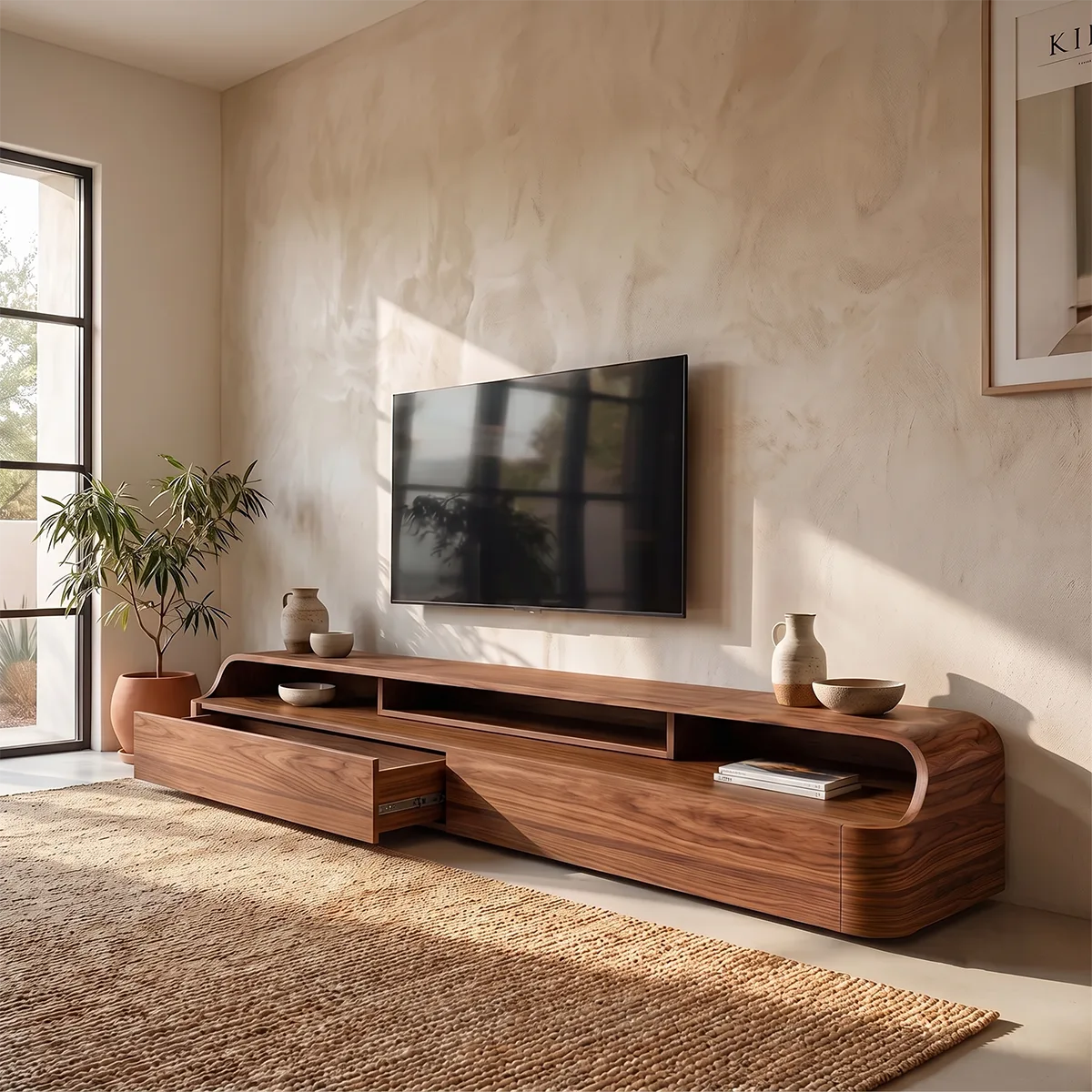 Modern Low Profile TV Stand with 2 Drawers & Open Media Shelves