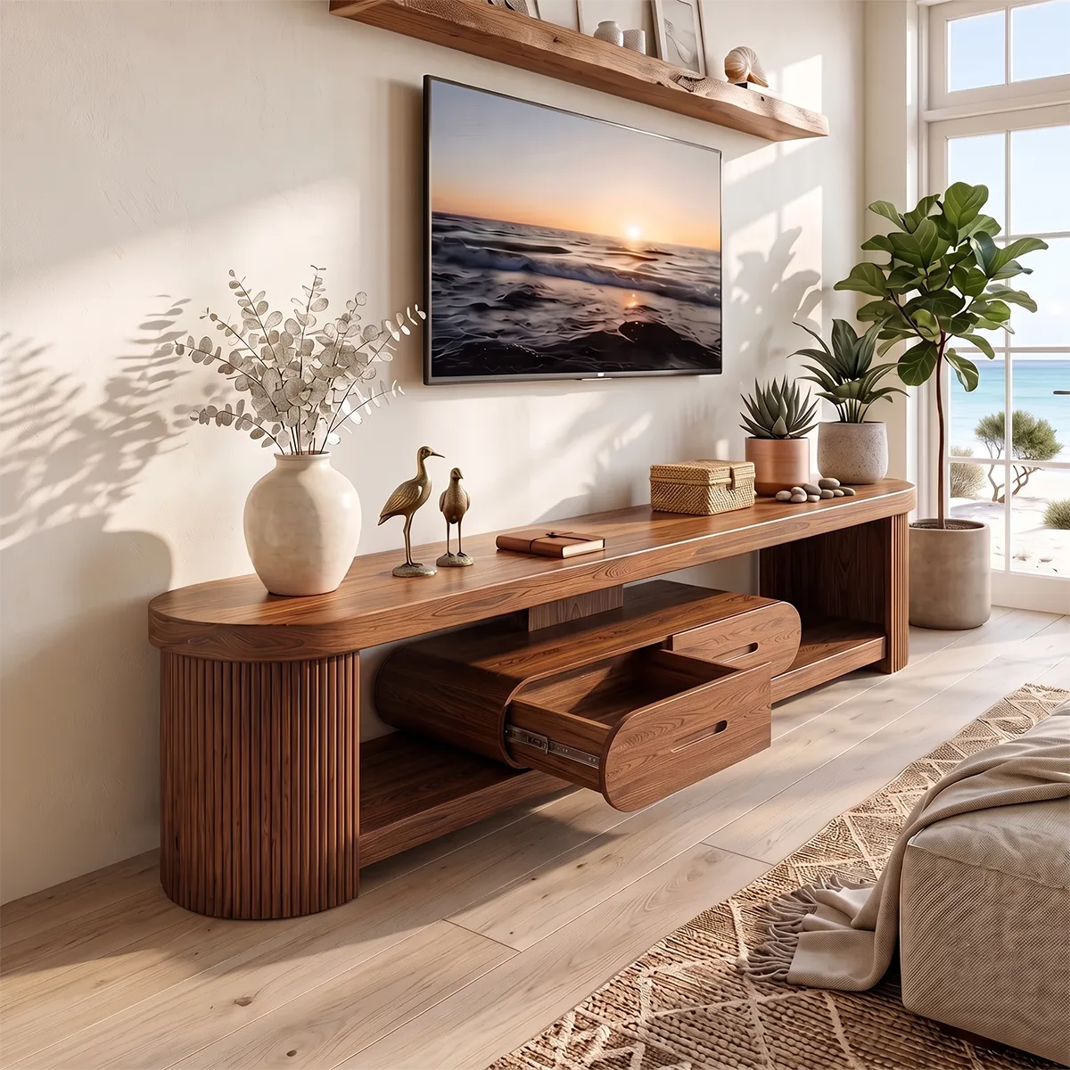 Modern Fluted TV Stand with 2 Drawers & Open Storage | Sculptural Low Profile Media Console