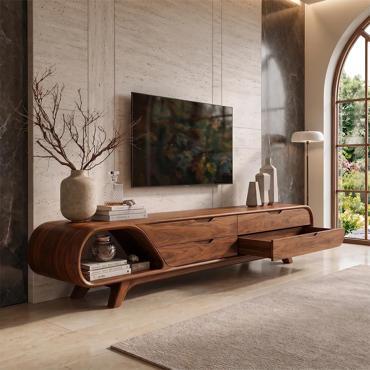 Modern Curved TV Stand with 4 Drawers & Open Shelf | Sculptural Low Profile Media Console