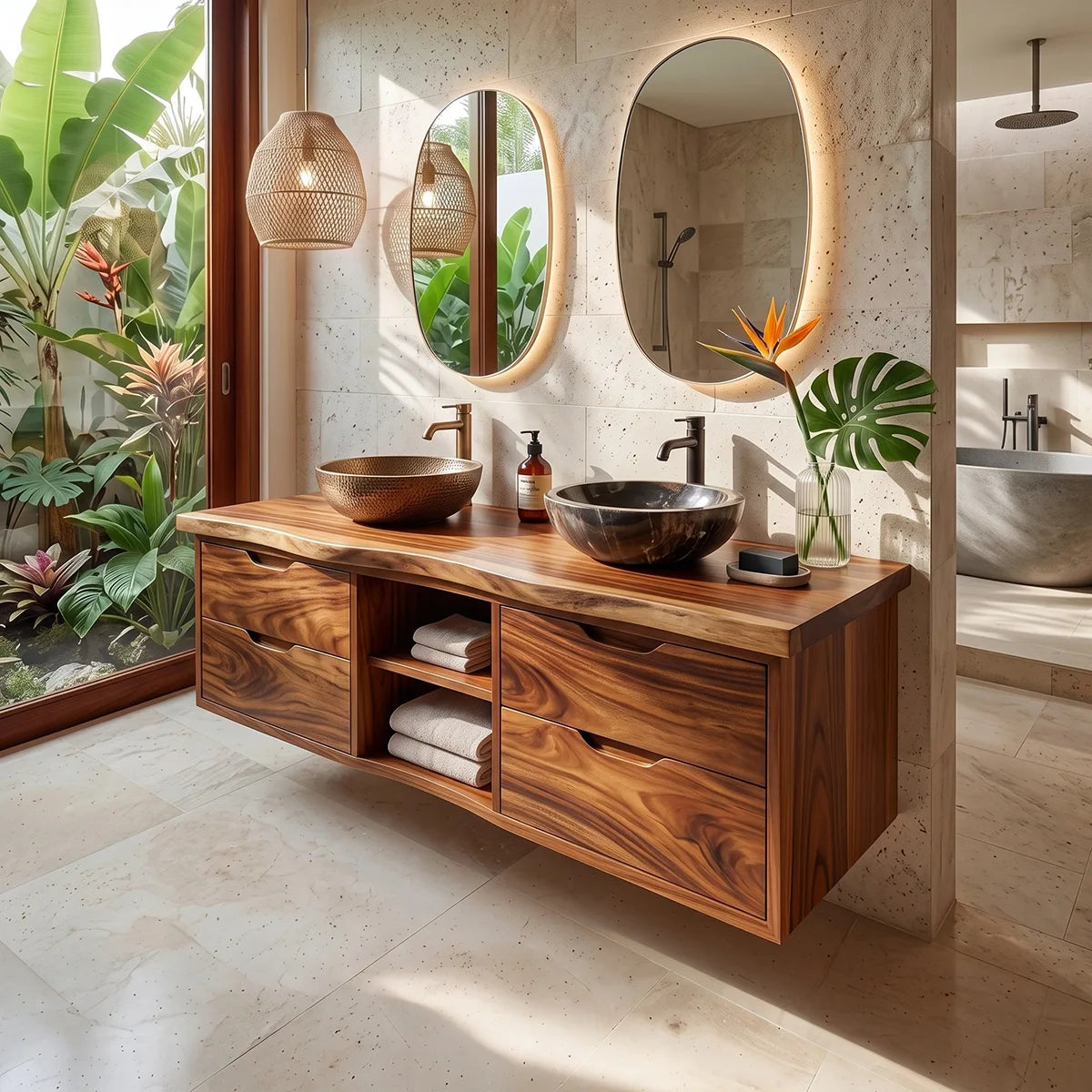 Double Sink Floating Solid Wood Bathroom Vanity | Modern Bathroom Vanity with Four Drawers and Open Shelves TT006-9FKJ3AR