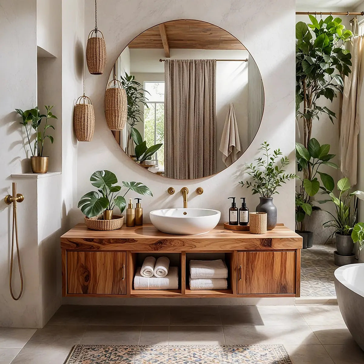 Floating Solid Wood Bathroom Vanity | Modern Bathroom Vanity with Side Cabinets and Open Shelves TT006-6ICG7SP