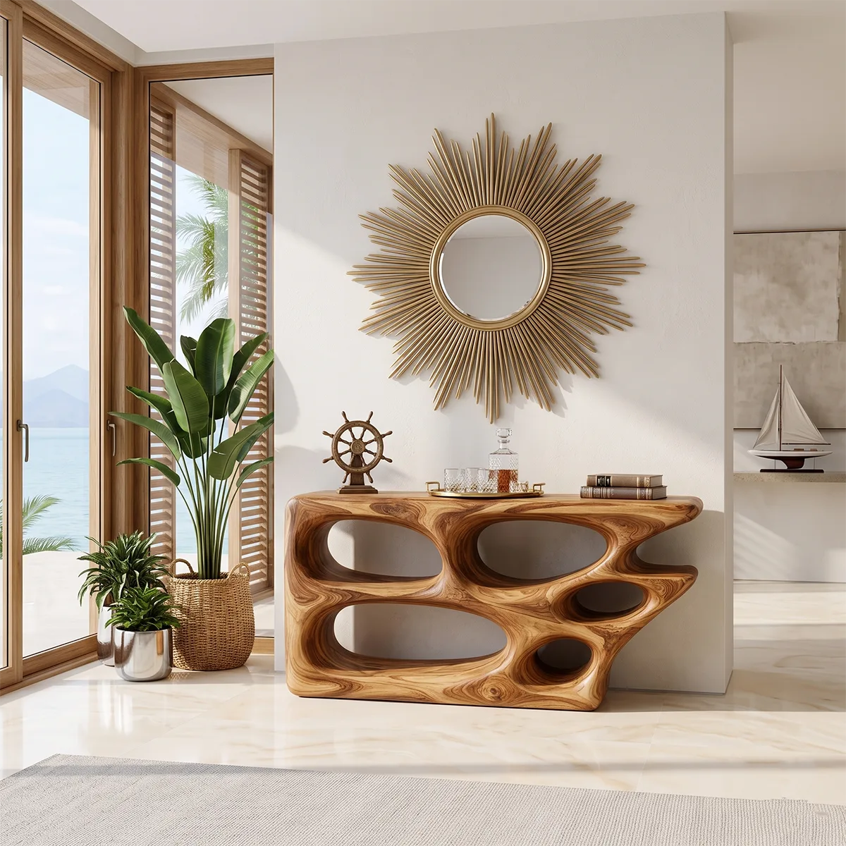 Organic Sculptural Console Table | Modern Open Shelf Console with Abstract Architectural Design TH003-9123