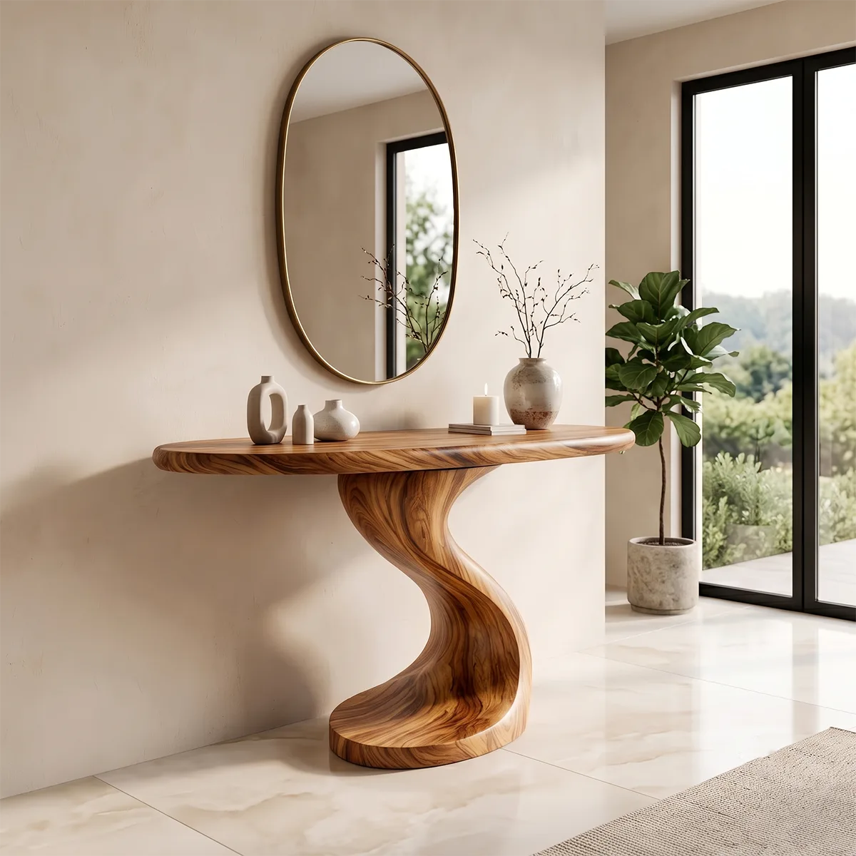 Organic Sculptural Console Table | Modern Curved Console Table with Twisted Pedestal Base TH003-5454