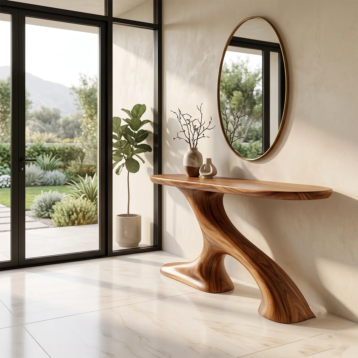 Organic Sculptural Console Table | Modern Entryway Console Table with Flowing Curved Pedestal Base TH003-9707