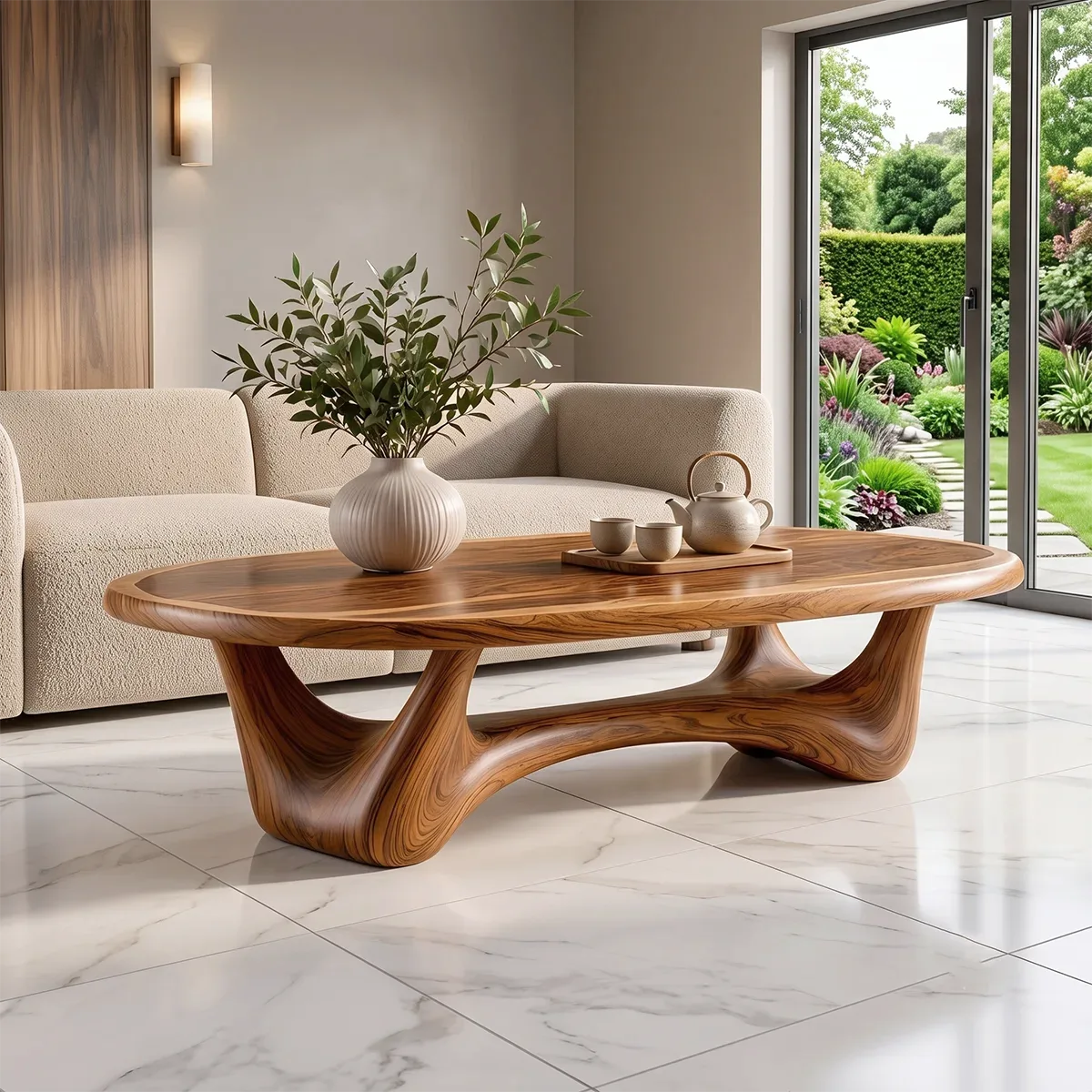 Modern Oval Coffee Table with Sculptural Open Base | Organic Contemporary Center Table for Living Room TH003-9564