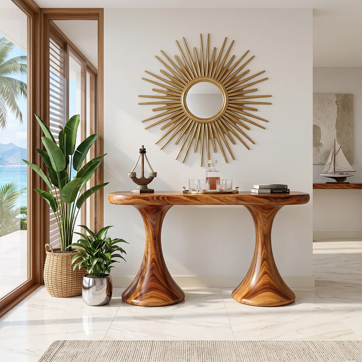Modern Pedestal Console Table | Sculptural Entryway Console Table with Dual Curved Base TH003-6622