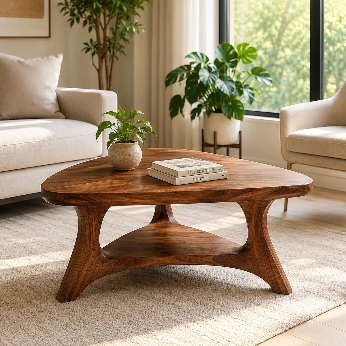 Organic Triangle Solid Wood Coffee Table with Open Shelf | Mid-Century Modern Living Room Table TT006-4619
