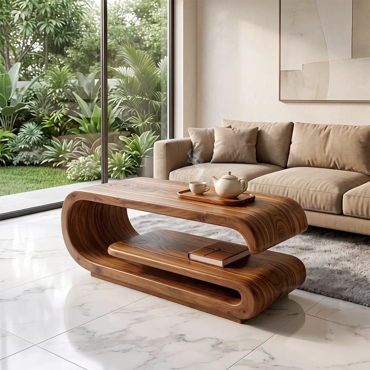 Modern Waterfall Coffee Table with Open Shelf | Contemporary Curved Center Table for Living Room TH003-6318