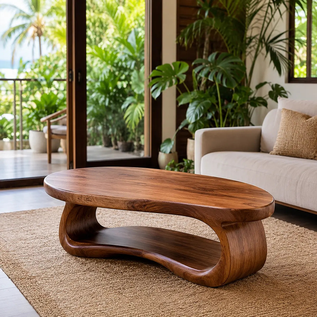 Oval Solid Wood Coffee Table with Open Storage Shelf | Organic Modern Living Room Table TT006-3067