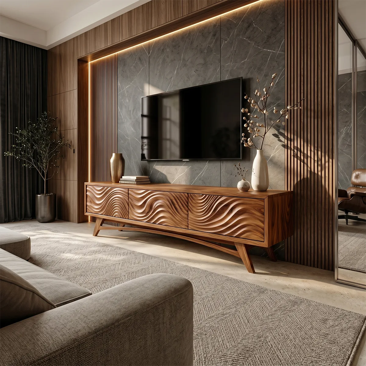 Carved Wave TV Stand with 3 Cabinets | Sculptural Modern Media Console TH003-1PAI9SF