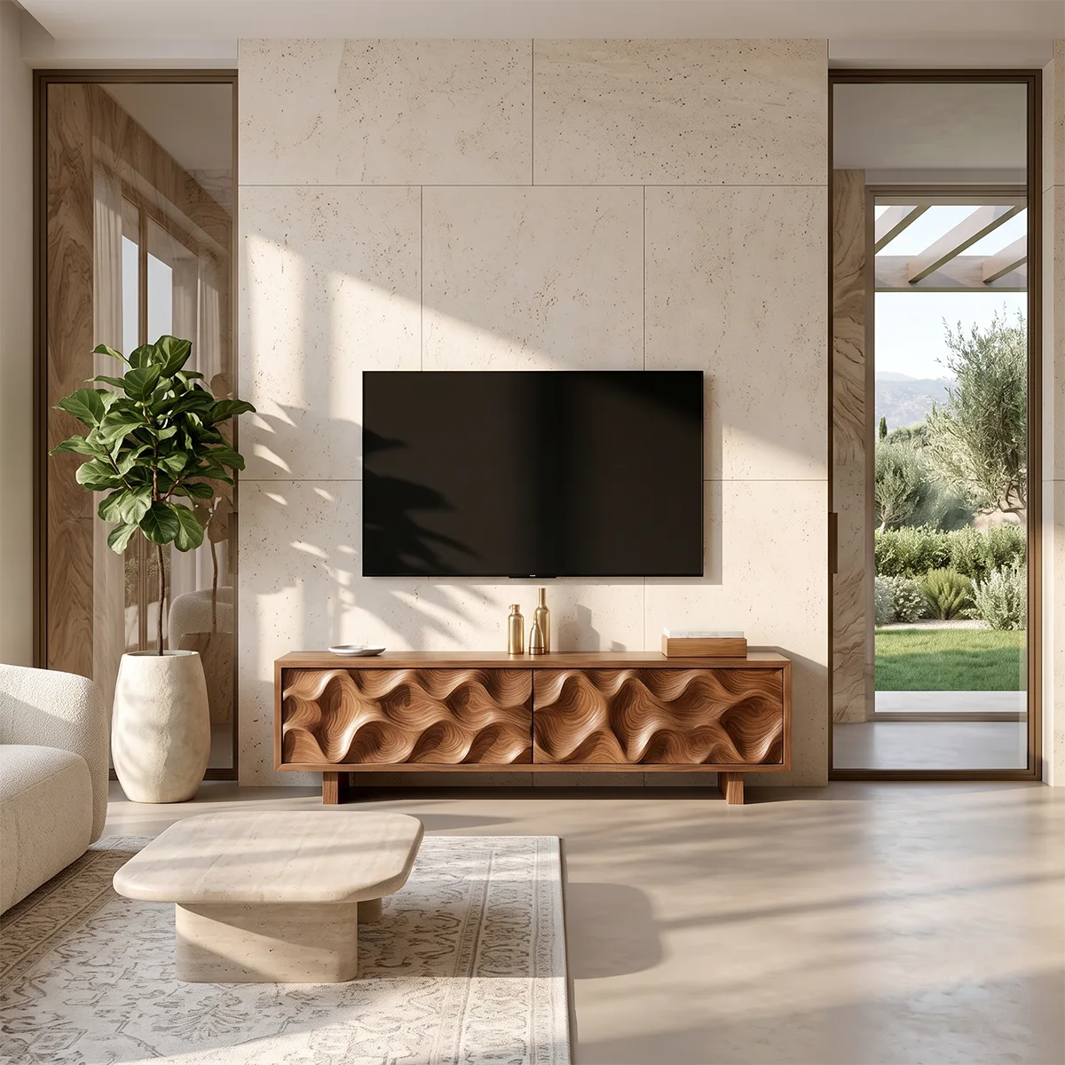 Wave Carved TV Stand with 2 Cabinets | Sculptural Media Console TH003-1TEX5BM