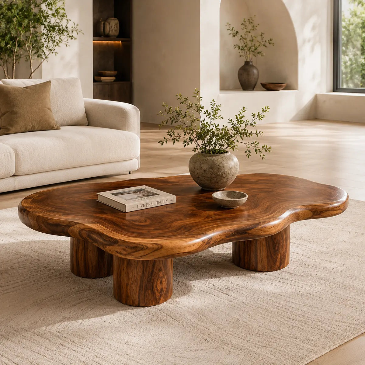Modern Solid Wood Coffee Table with Organic Freeform Top & Chunky Pedestal Legs TT006-8265