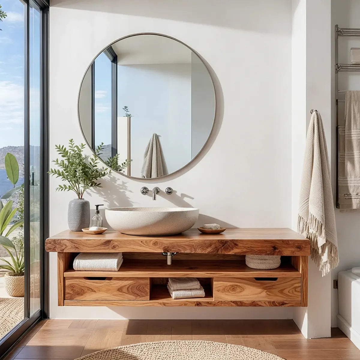 Floating Solid Wood Bathroom Vanity | Modern Bathroom Vanity with Double Drawers and Open Shelf TT006-4876