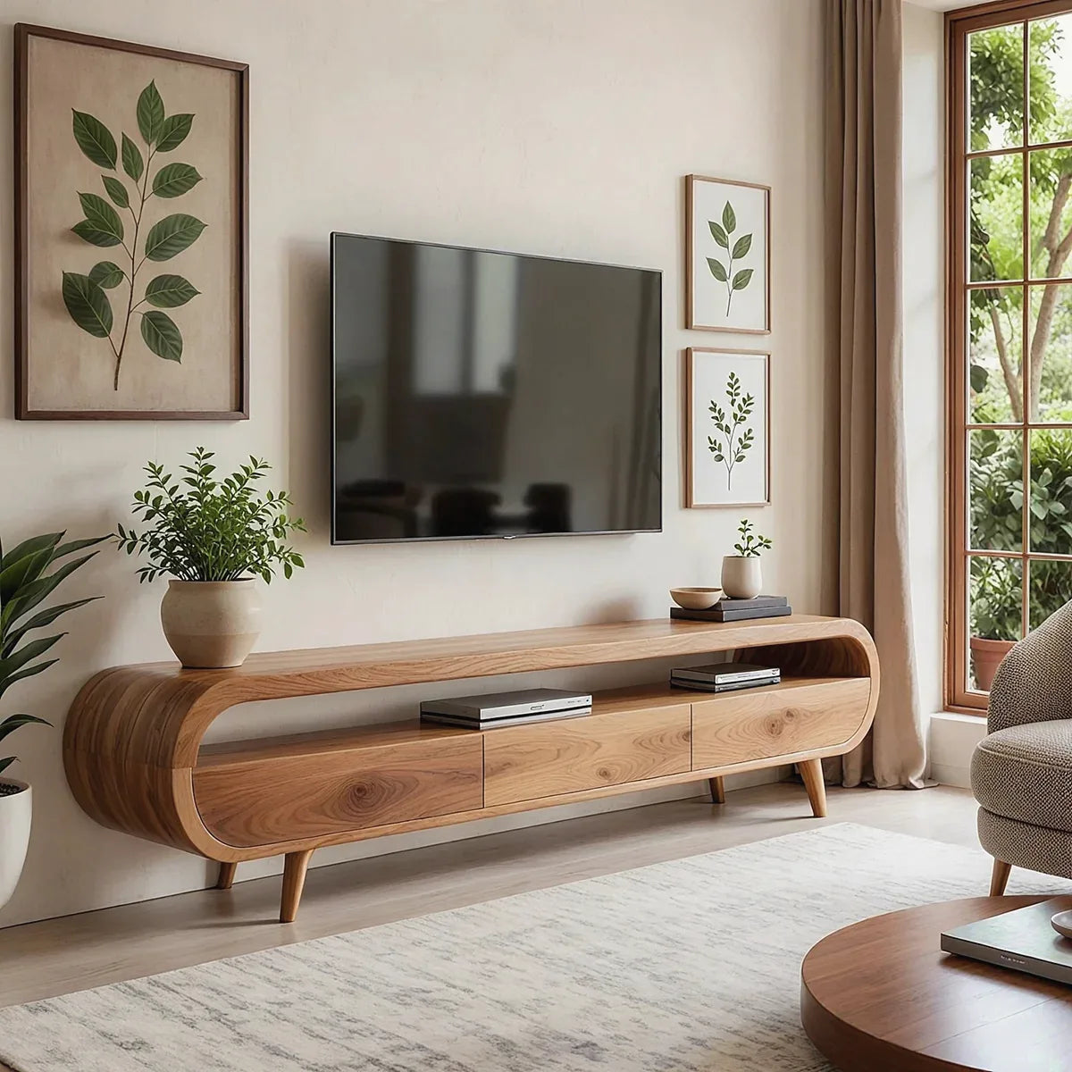 Modern Organic TV Stand with Open Shelf | Three Drawer Media Console TT006-6OAK3NB