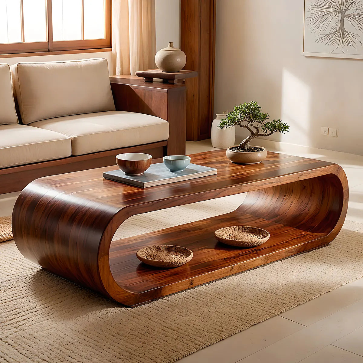 Solid Wood Waterfall Coffee Table with Open Storage | Modern Organic Living Room Table