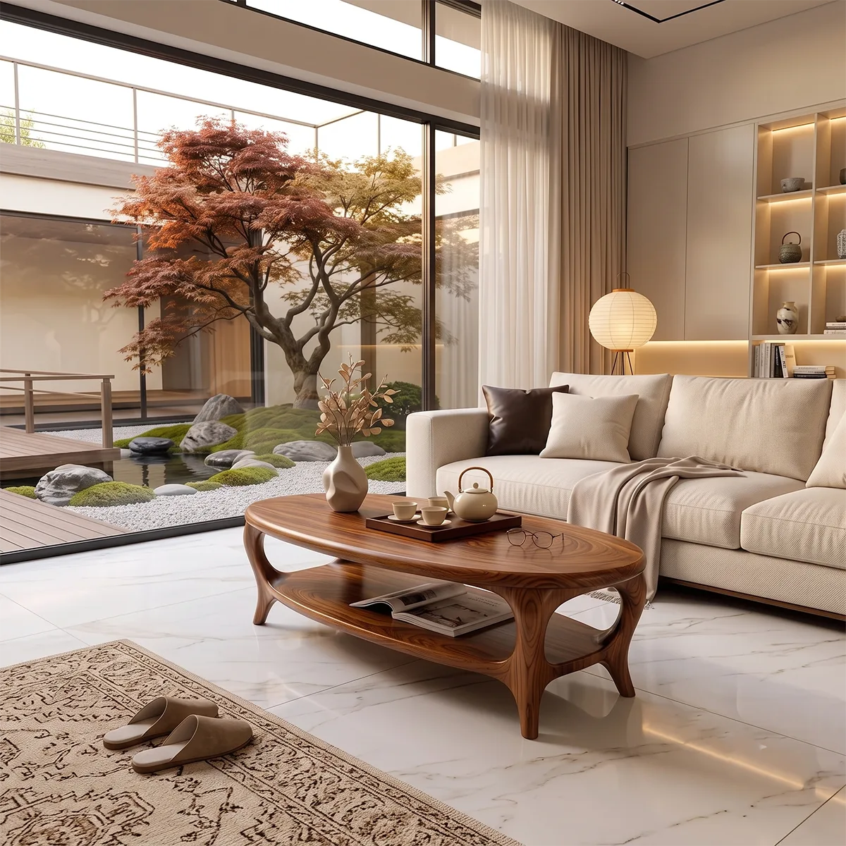Modern Oval Coffee Table with Shelf | Sculptural Organic Center Table TH003-8066