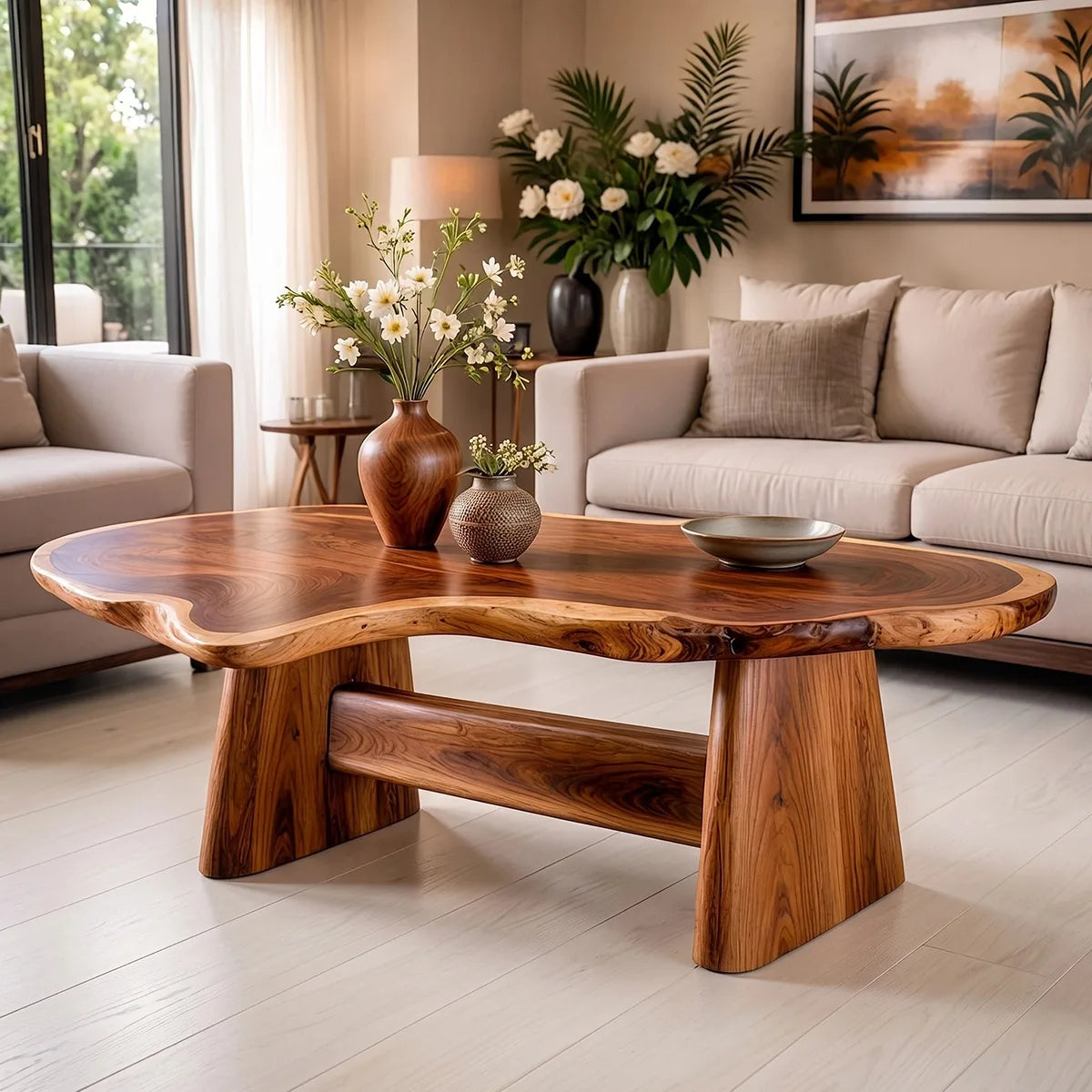Organic Solid Wood Coffee Table | Live Edge Modern Center Table with Sculptural Base TT006-5632