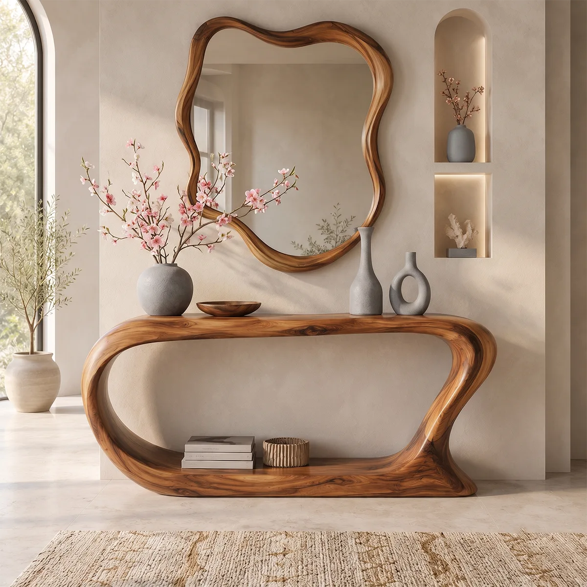 Organic Modern Console Table with Open Shelf & Sculptural Curved Frame for Entryway TT006-6916