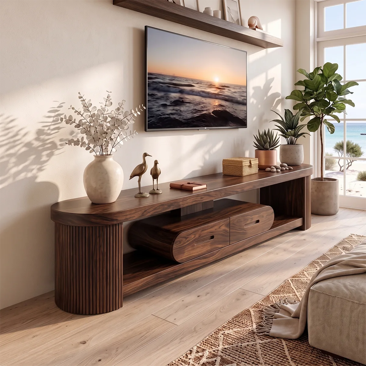 Modern Fluted TV Stand with 2 Drawers & Open Storage | Sculptural Low Profile Media Console