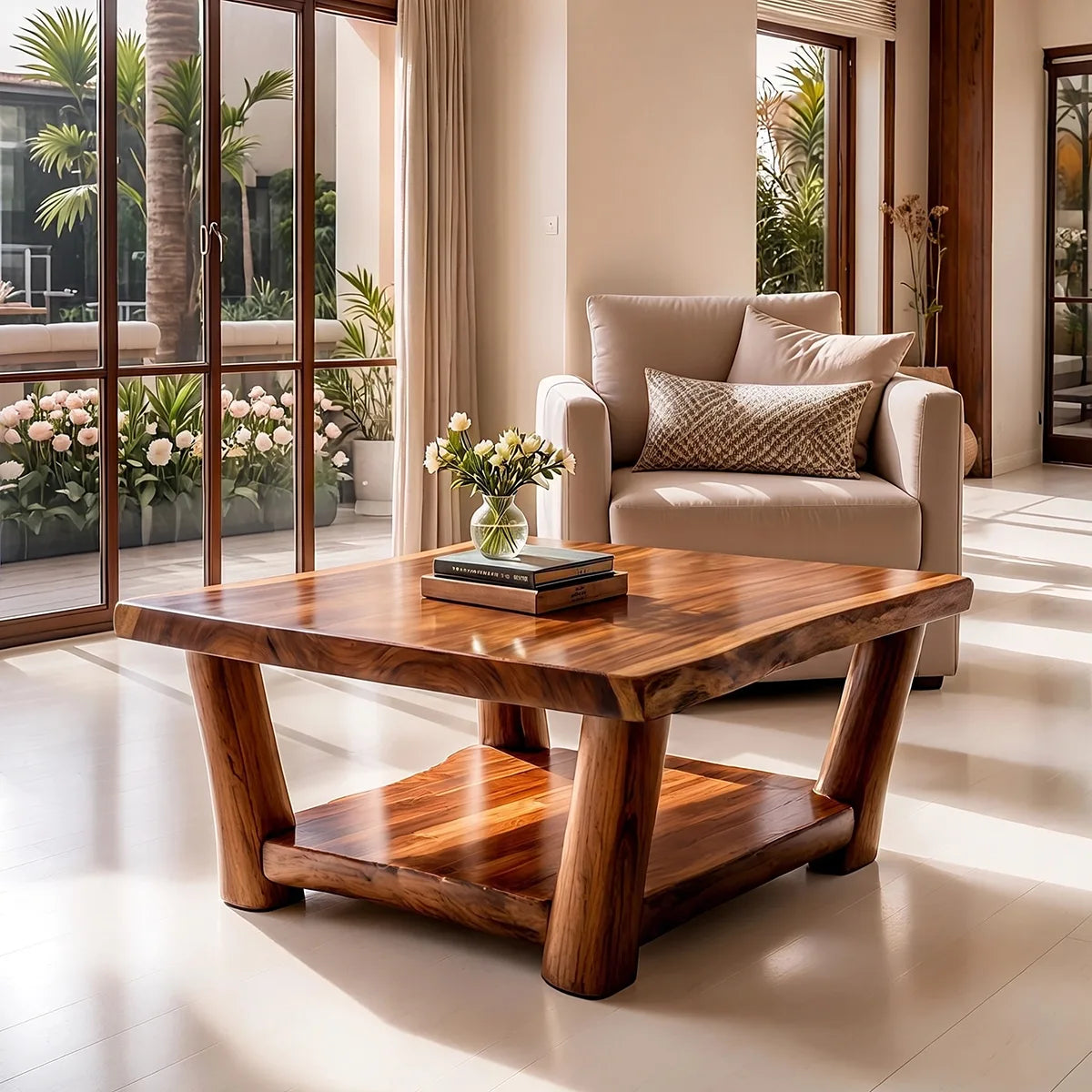 Solid Wood Square Coffee Table | Modern Rustic Coffee Table with Storage Shelf TT006-4921