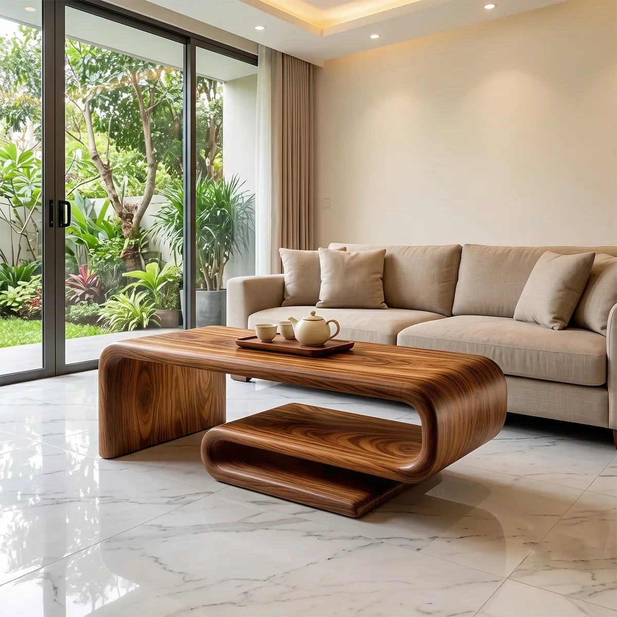 Modern Waterfall Coffee Table | Contemporary Center Table with Open Shelf Storage TH003-5383