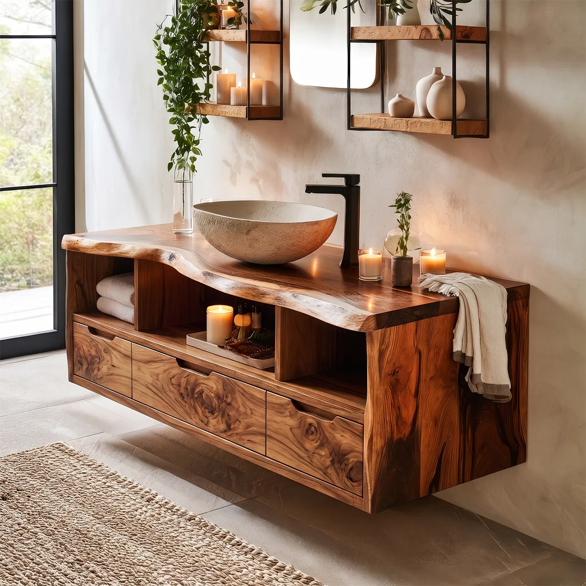Live Edge Floating Bathroom Vanity with 3 Drawers & Open Storage Shelves | Modern Wall Mounted Vanity