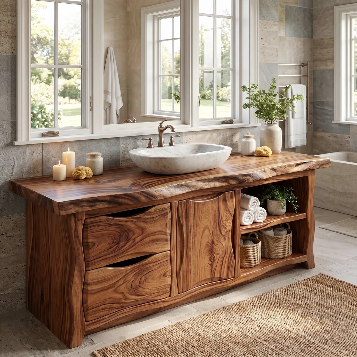 Live Edge Bathroom Vanity with Drawers, Cabinet & Open Shelves | Freestanding Rustic Modern Vanity