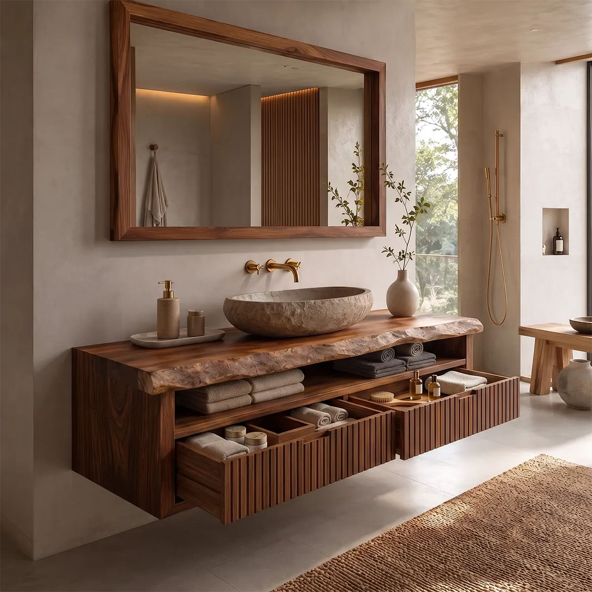 Floating Solid Wood Bathroom Vanity | Live Edge Bathroom Vanity with Fluted Drawers and Open Shelf TT006-8ZMT8QZ