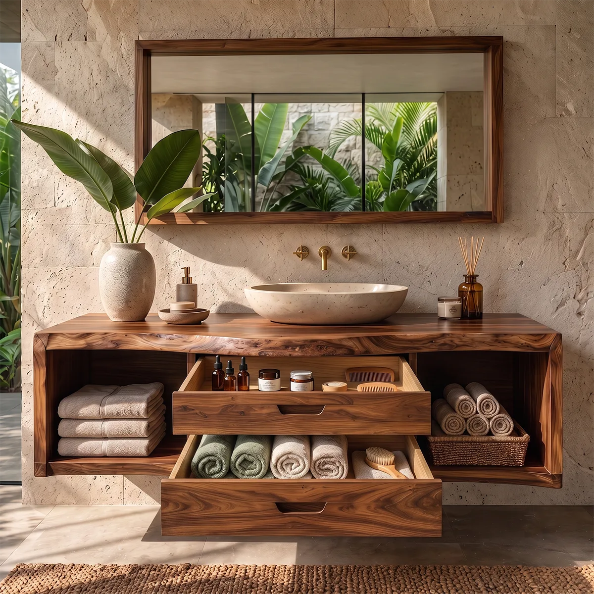 Floating Solid Wood Bathroom Vanity | Live Edge Bathroom Vanity with Double Drawers and Open Storage Shelves TT006-2IAU5HX