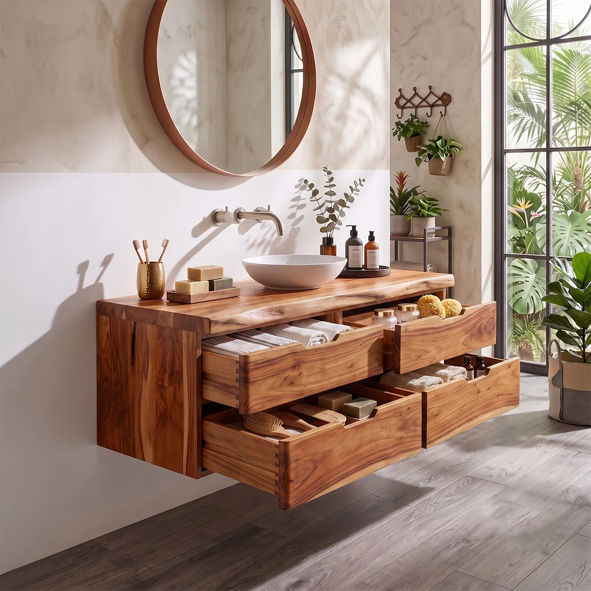 Floating Solid Wood Bathroom Vanity | Modern Wall Mounted Single Sink Vanity with 4 Drawers TT006-3LLJ4UM